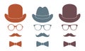 Old fashioned gentleman accessories icons set: hat, glasses, mustache and bow-tie. Retro hipster style. Colorful vector illustrati